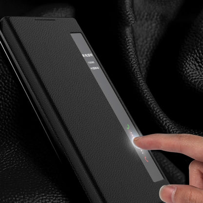 Leather-textured flip phone case with touch call ID bar and finger-activated controls