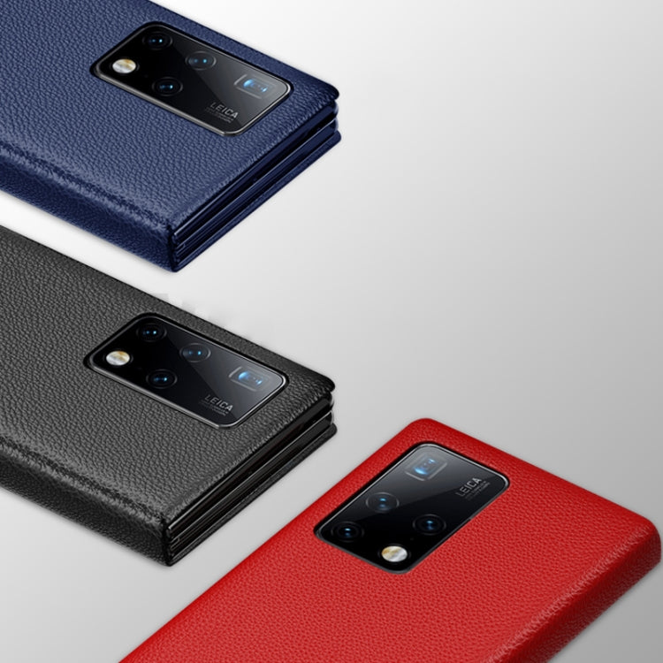 Leather-textured flip phone cases in black and red, with camera cutouts