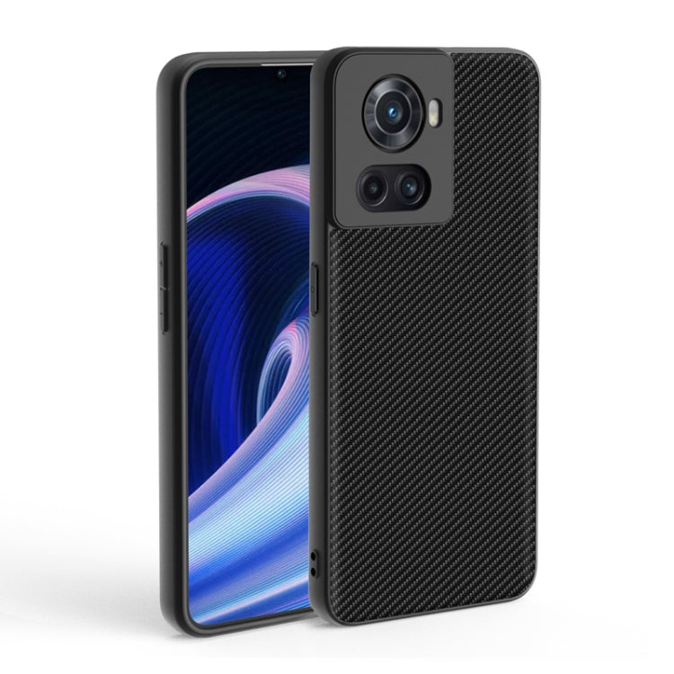 Slim phone case for OnePlus 10R/Ace with black carbon-fiber texture and camera cutouts