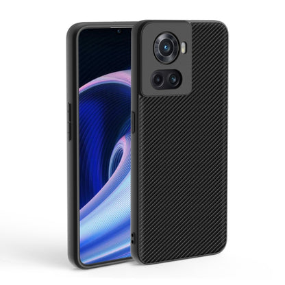 Slim phone case for OnePlus 10R/Ace with black carbon-fiber texture and camera cutouts