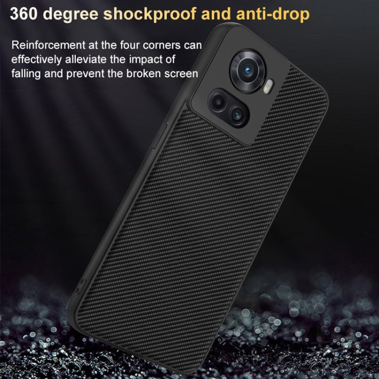 Black carbon-fiber textured phone case for OnePlus 10R/Ace with reinforced corner design