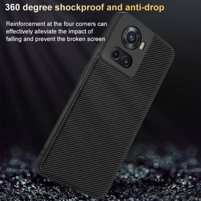 Black carbon-fiber textured phone case for OnePlus 10R/Ace with reinforced corner design
