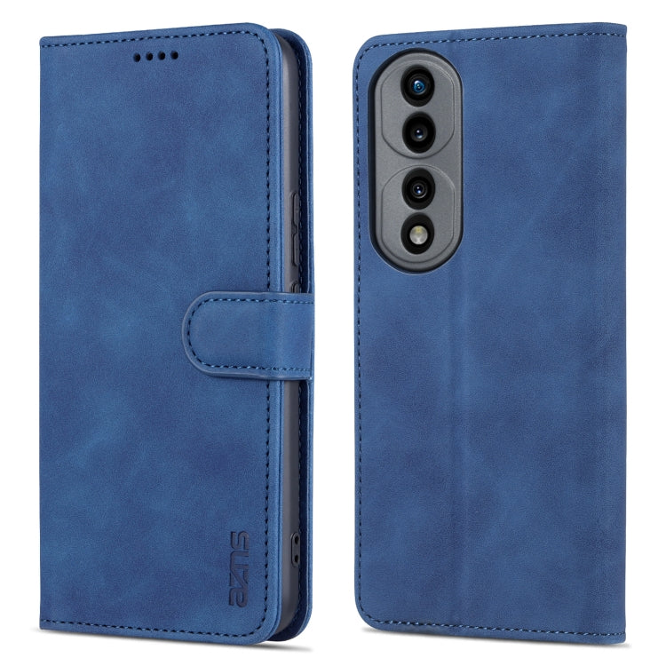 Blue folio leather phone case with stitched edges and magnetic flap