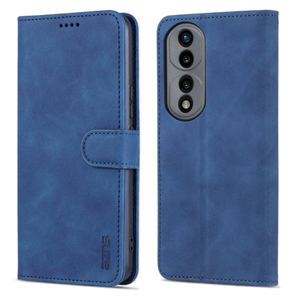 Blue folio leather phone case with stitched edges and magnetic flap