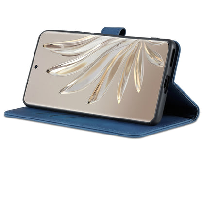 Blue flip leather phone case in stand mode, showing camera cutout