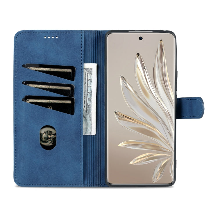 Blue wallet-style leather phone case with cash and card compartments