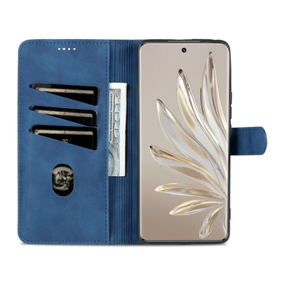 Blue wallet-style leather phone case with cash and card compartments