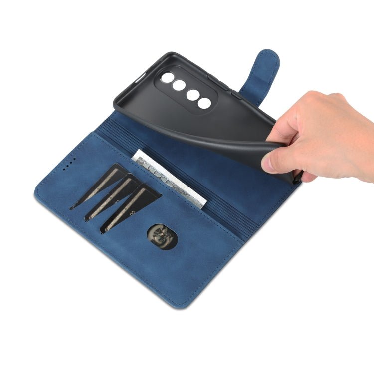 Blue leather folio phone case with card holder section and card slot