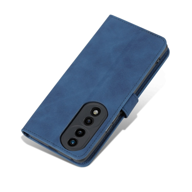 Blue leather flip phone case with camera cutout on the back