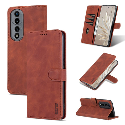 Brown calf-texture flip leather phone case with kickstand cover and stitched card slot.
