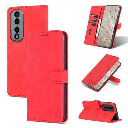 Red calf-texture flip leather phone case with stitched wallet panel and kickstand.