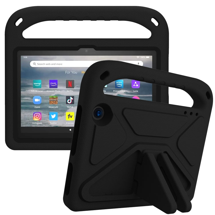 Black EVA tablet case with handle and triangle stand, tablet shown in cover