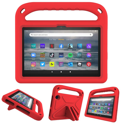 Red EVA tablet case with handle and triangular kickstand, protective bumper