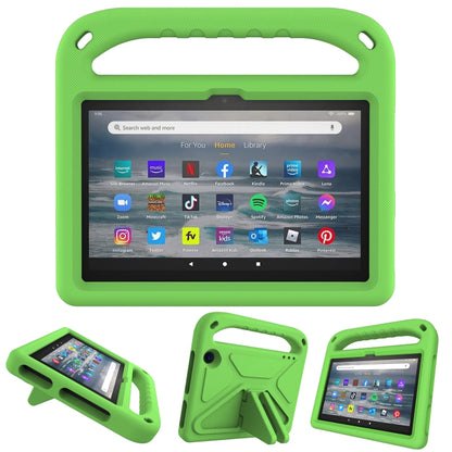 Green EVA tablet case with handle and triangular kickstand, protective bumper