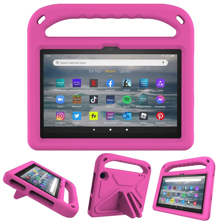 Pink EVA tablet case with handle and triangular kickstand, protective bumper