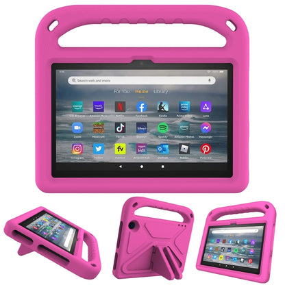 Pink EVA tablet case with handle and triangular kickstand, protective bumper