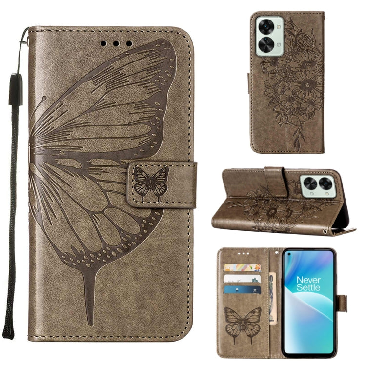 Grey leather phone case with embossed butterfly and folio stand for smartphone