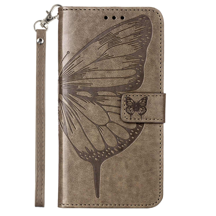Grey folio leather phone case with embossed butterfly and magnetic strap closure