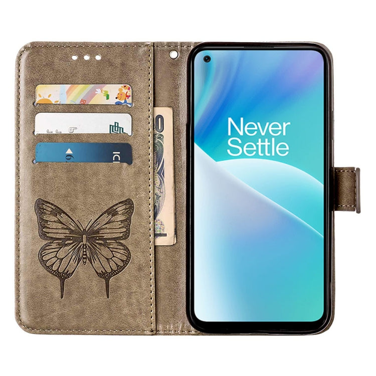 Grey leather folio phone case with embossed butterfly; card slots and cutouts
