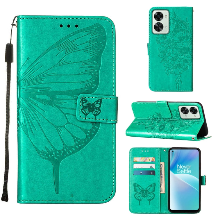 Green leather phone case with embossed butterfly; folio stand and magnetic strap