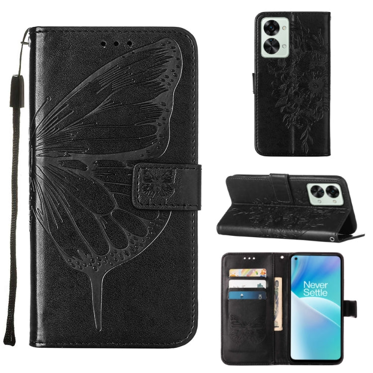 Black leather folio phone case with embossed butterfly; card slots and strap