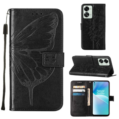 Black leather folio phone case with embossed butterfly; card slots and strap