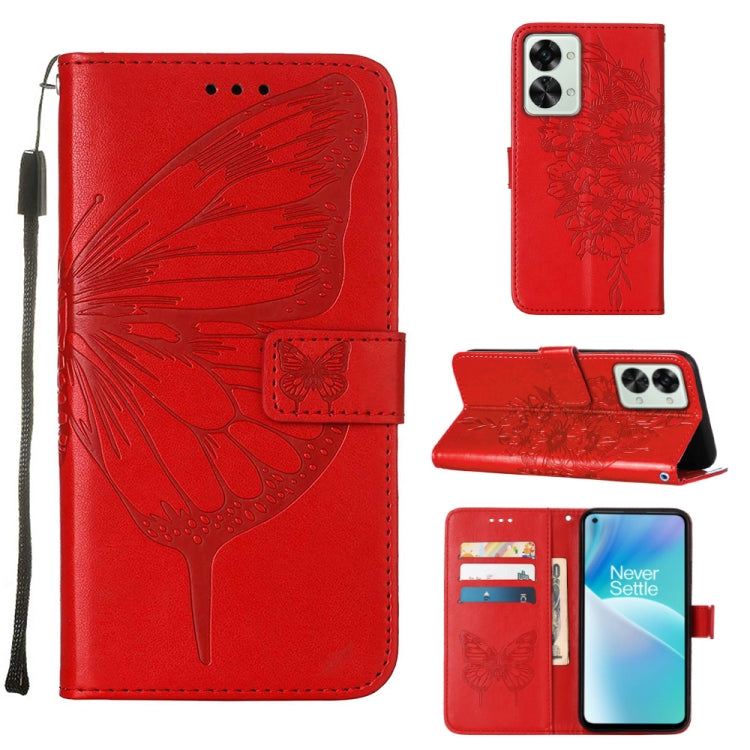 Red embossed butterfly leather phone case with folio card holder and stand