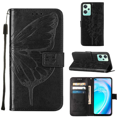 Black embossed butterfly leather phone case with folio card holder and stand