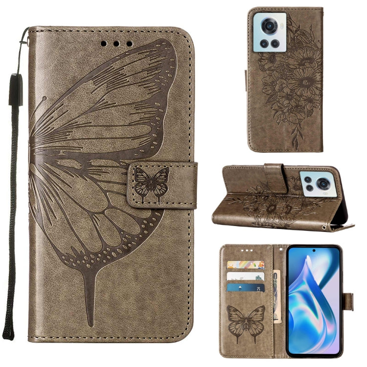 Embossed butterfly leather phone case with folio wallet and card slot, grey.