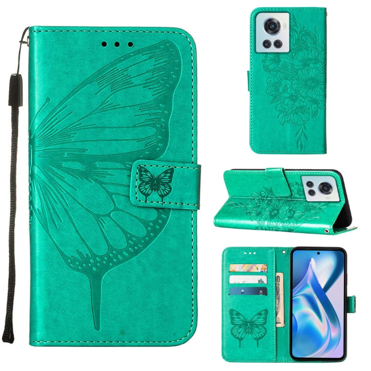 Embossed butterfly leather phone case with folio wallet, green, camera cutout.