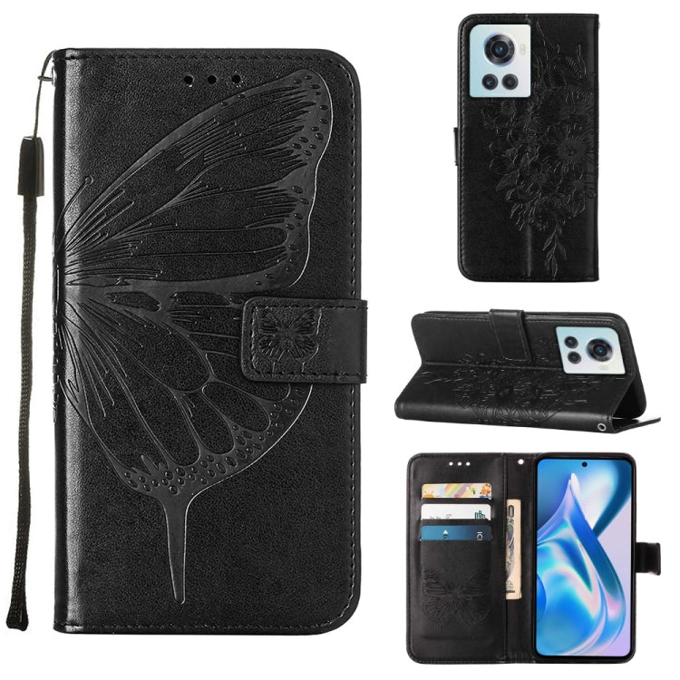 Embossed butterfly leather phone case with folio wallet and stand, black, card slots.