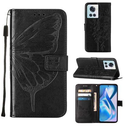 Embossed butterfly leather phone case with folio wallet and stand, black, card slots.