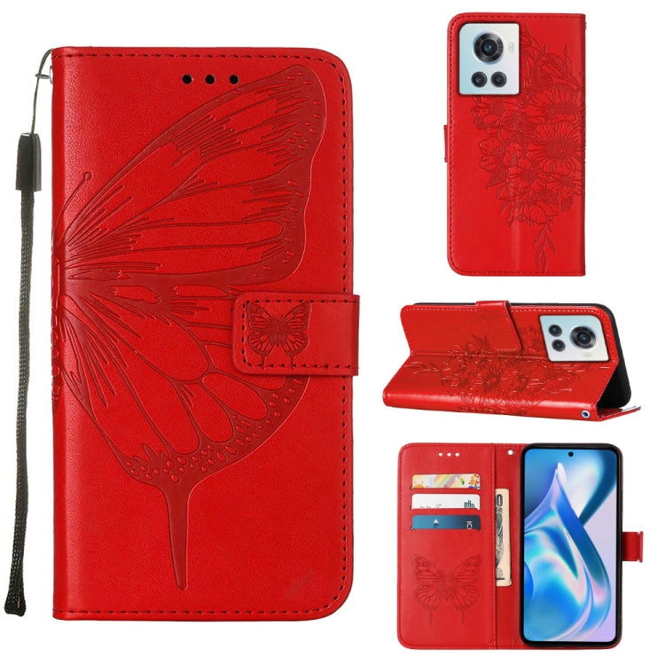 Embossed butterfly leather phone case with folio wallet, red, front camera cutout.