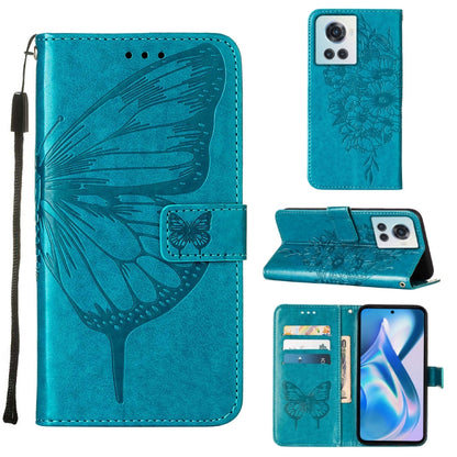 Embossed butterfly leather phone case with folio wallet, teal/blue-green, card pocket.
