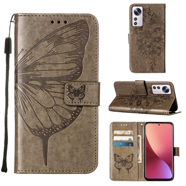 Grey embossed butterfly leather-style phone case with magnetic flip cover and card slot
