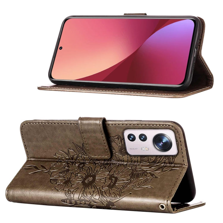 Brown embossed butterfly leather-style flip phone case with stand and camera cutout