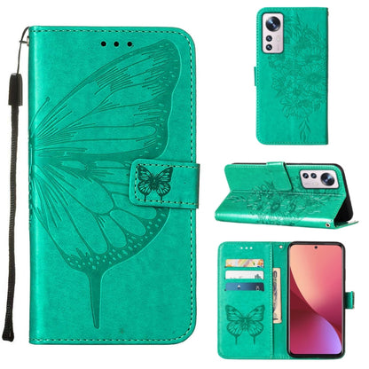 Green embossed butterfly leather-style phone case with flip cover and card slot