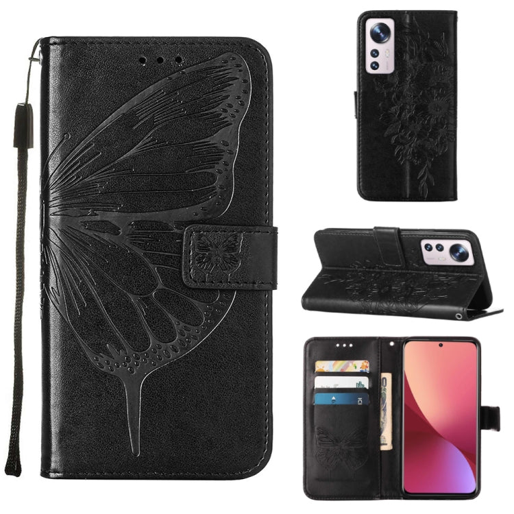 Black embossed butterfly leather-style phone case with flip cover and wrist lanyard