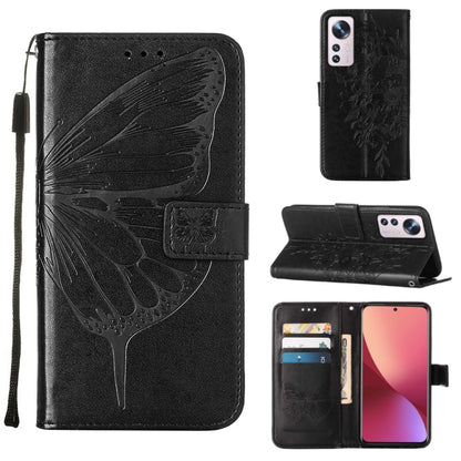 Black embossed butterfly leather-style phone case with flip cover and wrist lanyard