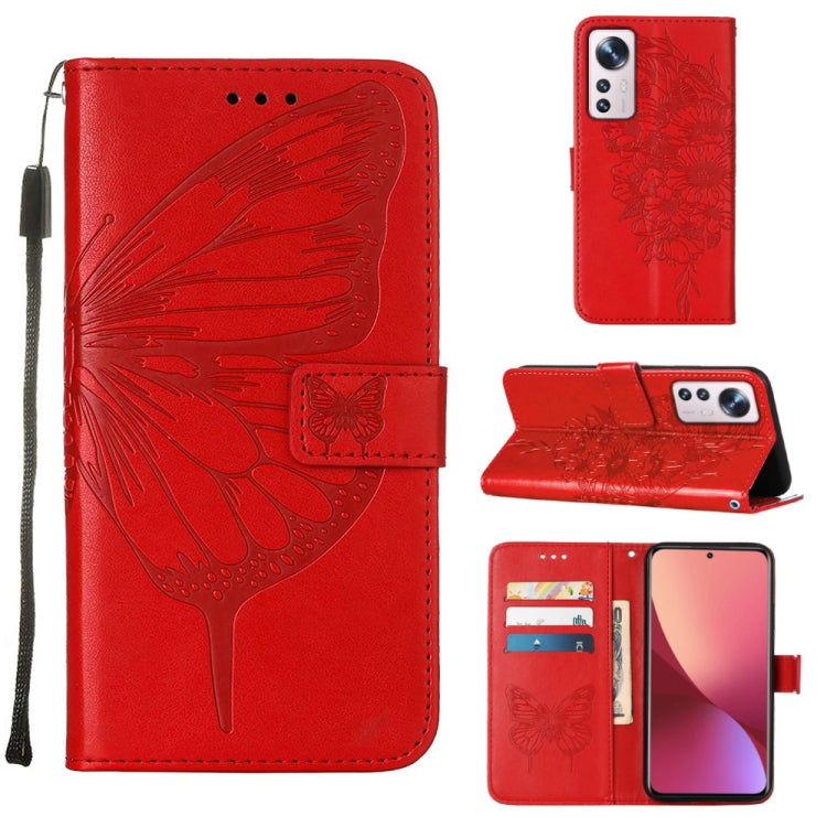Red embossed butterfly leather phone case with folio wallet and kickstand