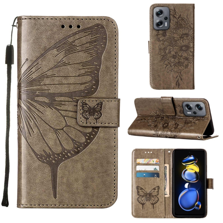 Taupe embossed butterfly leather phone case with folio wallet and stand