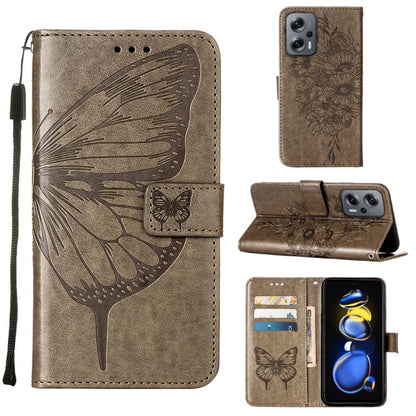 Taupe embossed butterfly leather phone case with folio wallet and stand