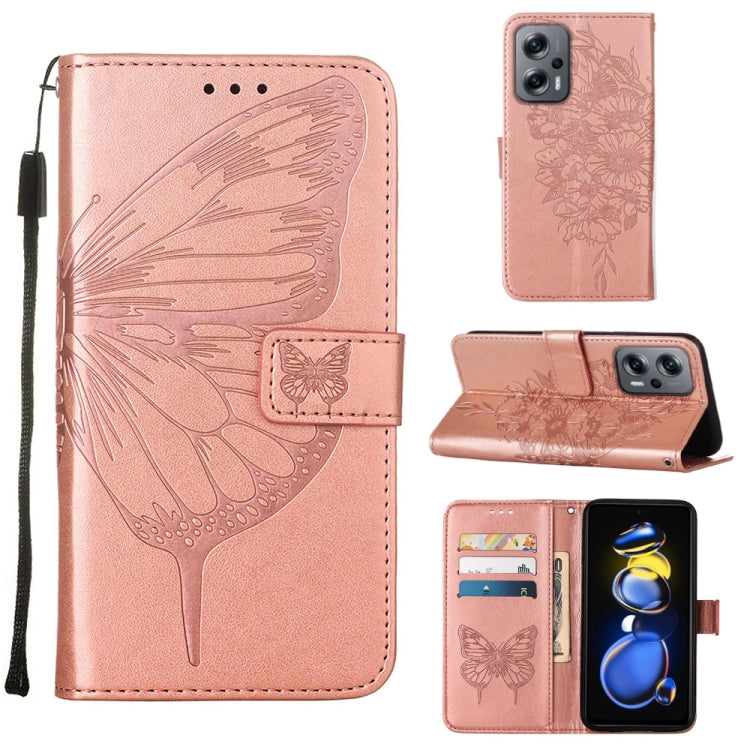 Rose gold embossed butterfly leather phone case with folio wallet and kickstand