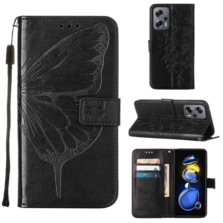 Black embossed butterfly leather phone case with folio wallet and kickstand