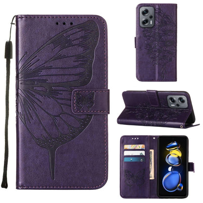 Dark purple embossed butterfly leather phone case with folio wallet and side strap