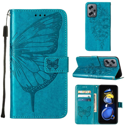 Turquoise embossed butterfly leather phone case with folio wallet, card slots, stand