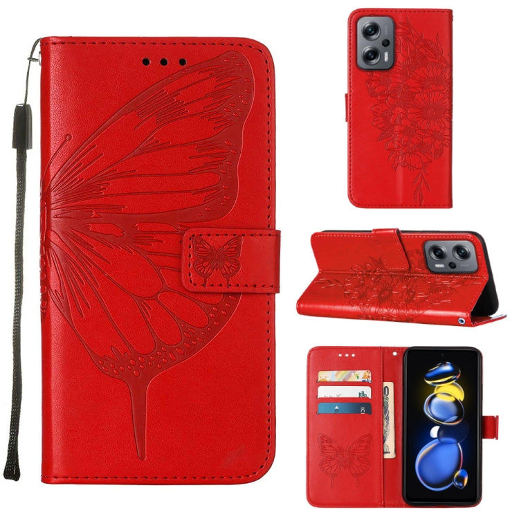 Red embossed butterfly leather phone case with folio wallet and card holder pocket