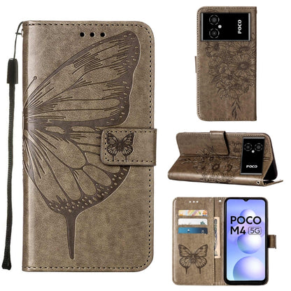 Grey embossed butterfly leather wallet phone case with flip cover and card slots
