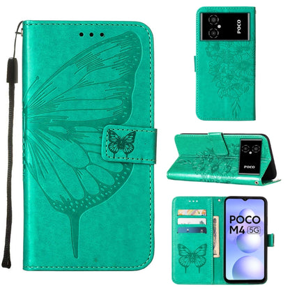 Green embossed butterfly leather wallet phone case with flip cover and card slots