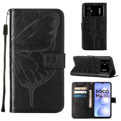 Black embossed butterfly leather wallet phone case with flip cover and card slots